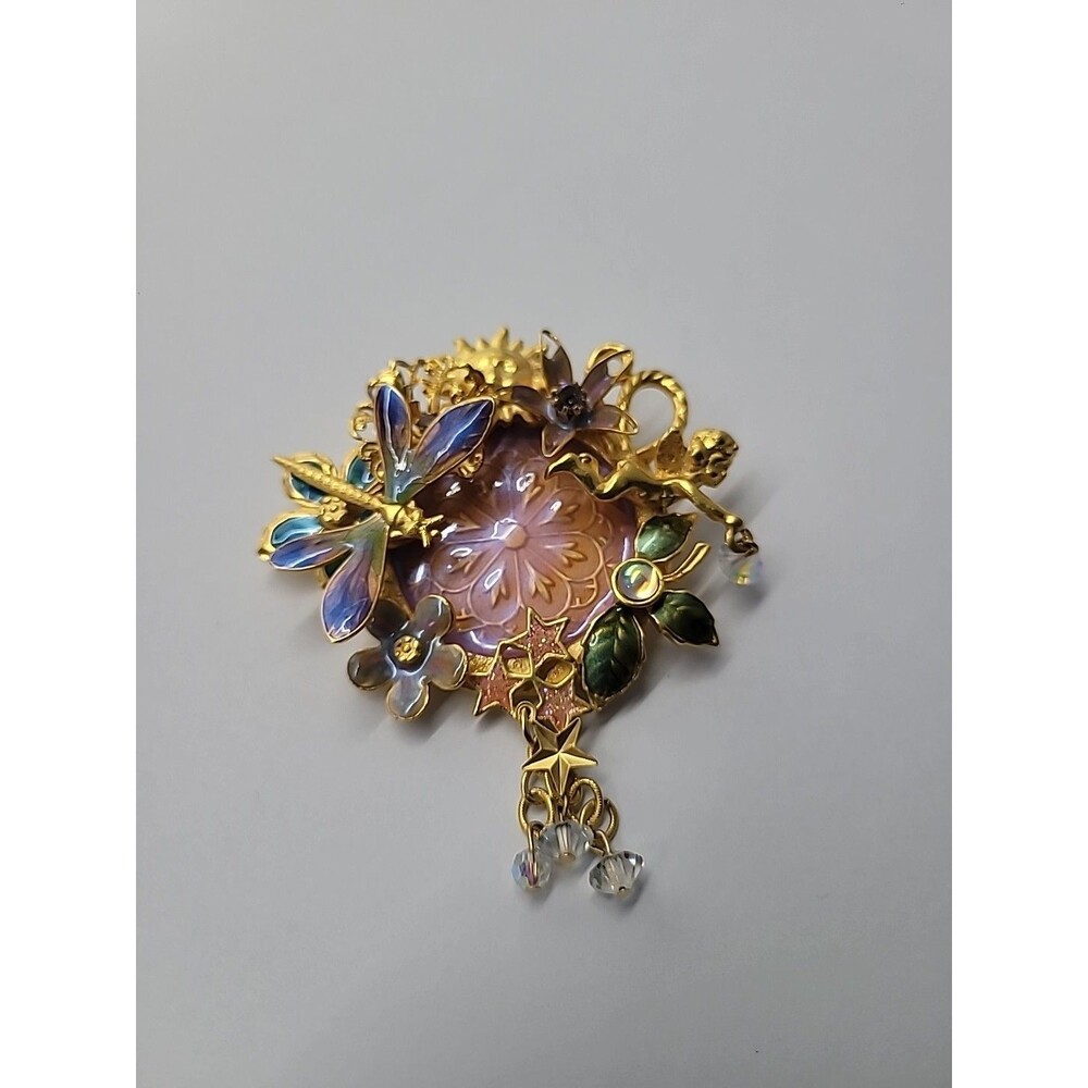 Vintage Kirks Folly Fairy Dragonfly Garden Brooch Iridescent Medallion Retired - Picture 11 of 16